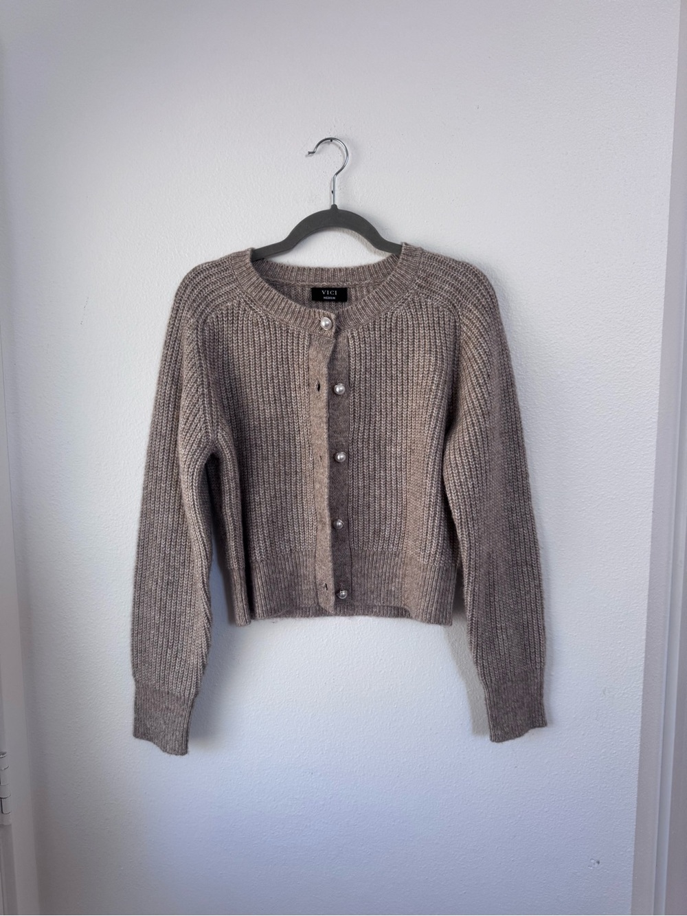 VICI Neutral Taupe Ribbed Pearl-Button Cardigan